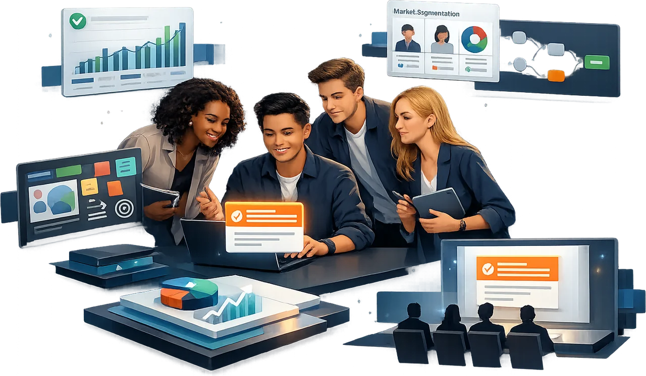 Business students reviewing AI-built dashboards and market analysis together, with a panel presentation underway