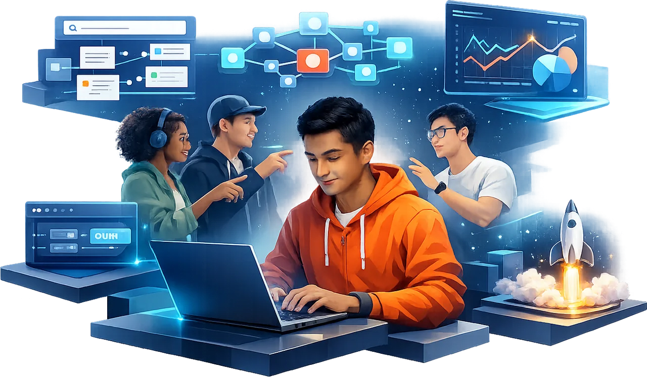 College students shipping AI systems — dashboards, a retrieval graph, and a launching rocket around a student at a laptop