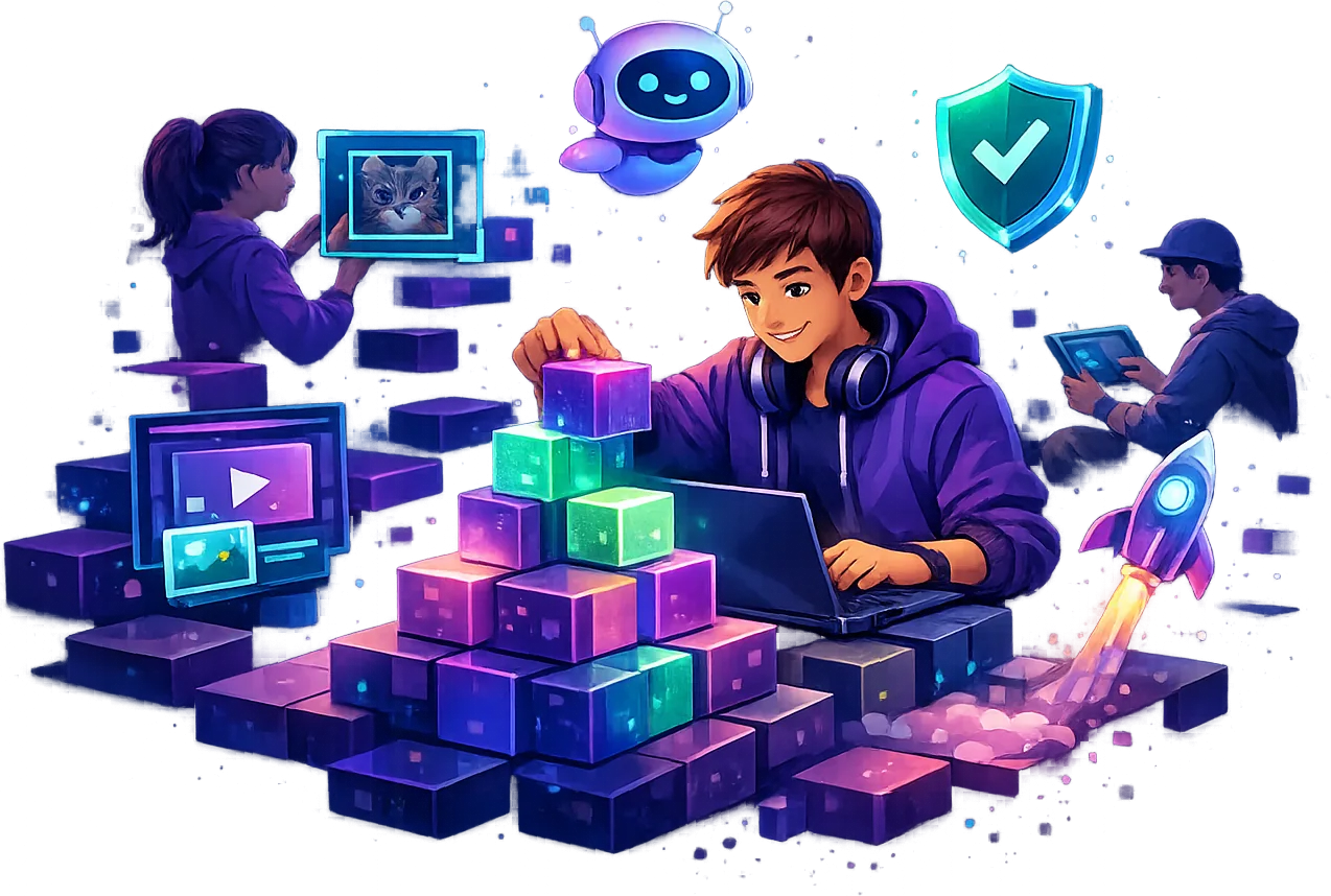 Students building glowing AI blocks — training a vision model, chatting with a robot assistant, launching a rocket